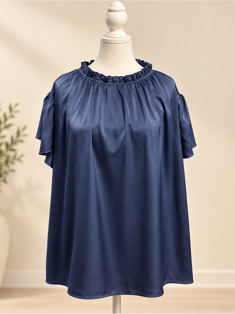 PRETTYGARDEN Navy Satin Cold Shoulder Blouse Size XXL